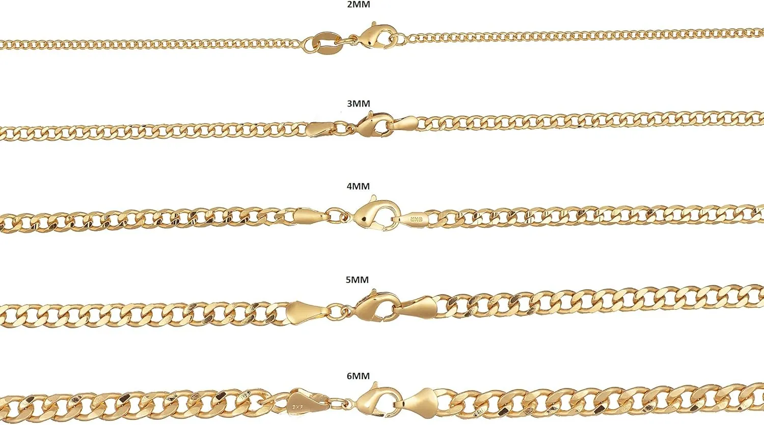 Barzel 18K Gold Plated Curb/Cuban Link Chain Necklace 2MM, 3MM, 4MM, 5MM For Women or Men - Made In Brazil