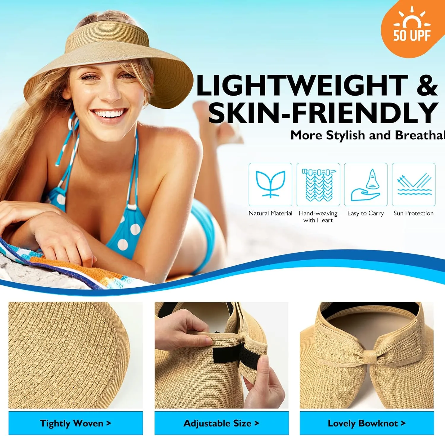 Beach Hats for Women, Packable Sun Hat Womens, Summer Visor Sun Hat, Straw Hats for Women UV Protection, Beach Hat for Girls