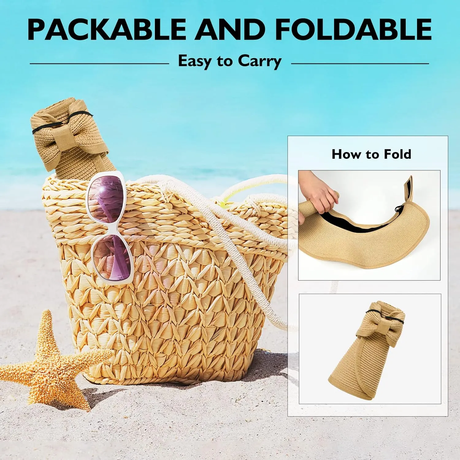 Beach Hats for Women, Packable Sun Hat Womens, Summer Visor Sun Hat, Straw Hats for Women UV Protection, Beach Hat for Girls