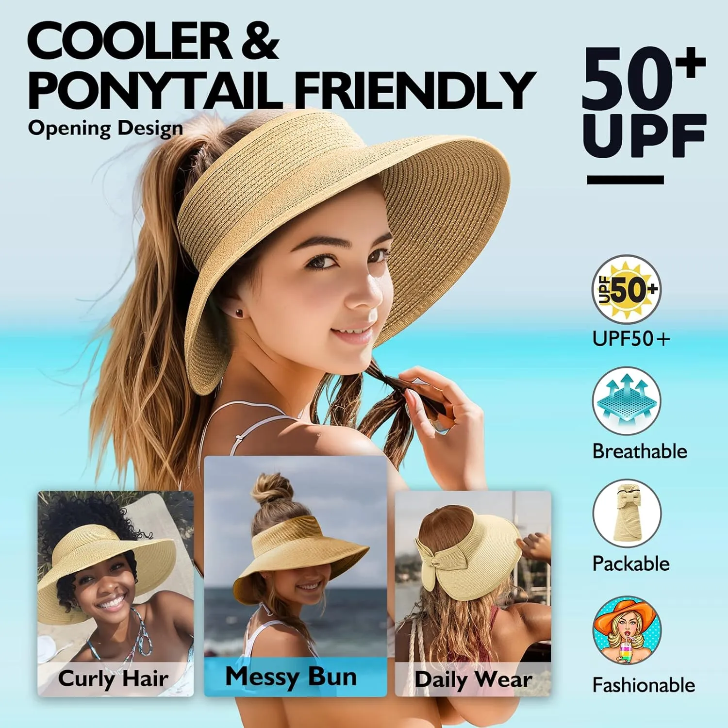 Beach Hats for Women, Packable Sun Hat Womens, Summer Visor Sun Hat, Straw Hats for Women UV Protection, Beach Hat for Girls