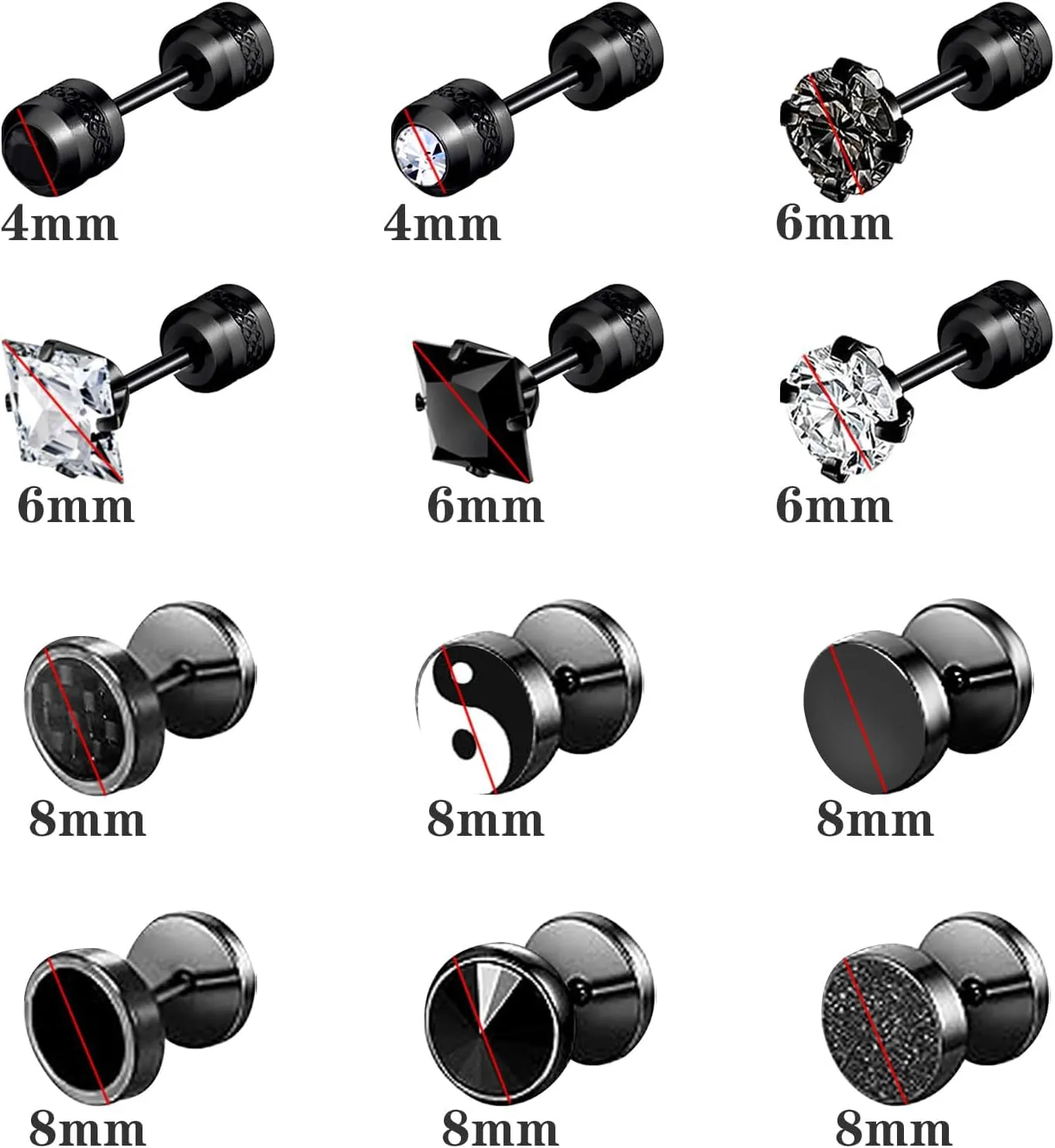 NEWITIN 12 Pairs Stainless Steel Stud Earrings for Men Hypoallergenic Earring Flatback Black Earring Set Screw Back Studs Inlaid Cubic Zirconia Stud Earrings for Women Men