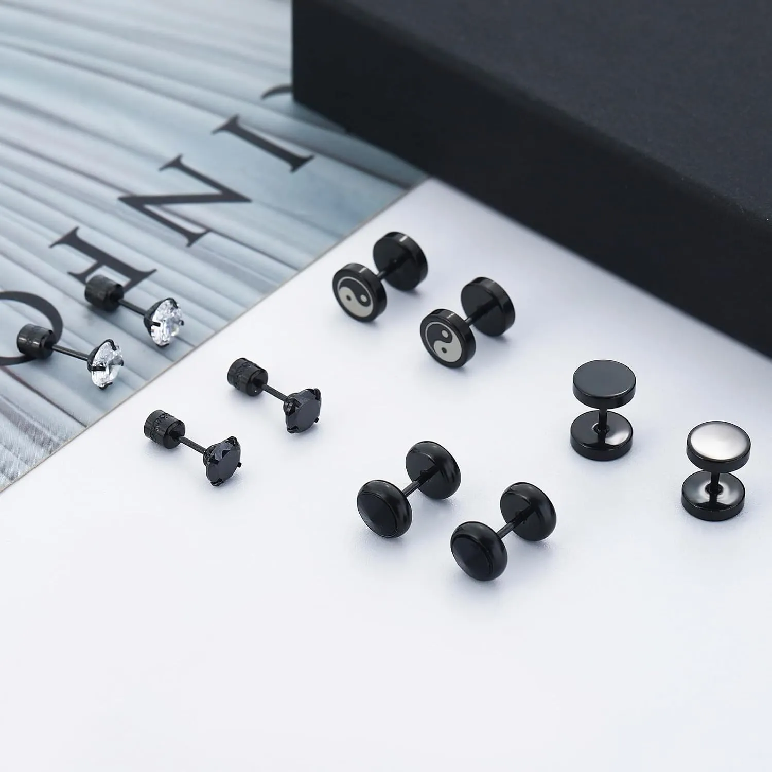 NEWITIN 12 Pairs Stainless Steel Stud Earrings for Men Hypoallergenic Earring Flatback Black Earring Set Screw Back Studs Inlaid Cubic Zirconia Stud Earrings for Women Men